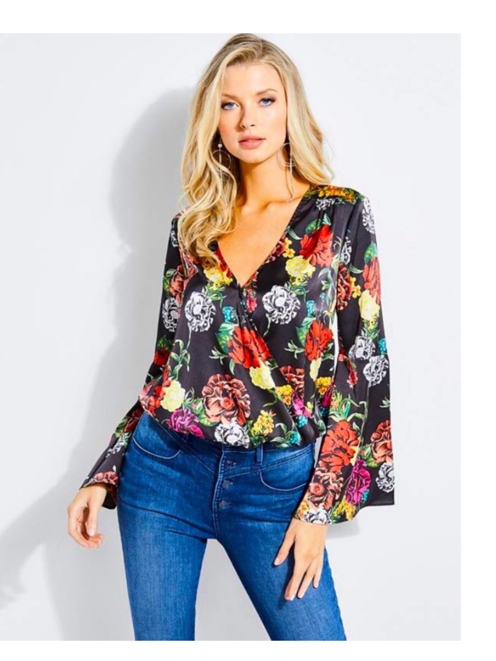 GUESS by Marciano Tia V-Neck Blouse - Black Multi Color Bell Sleeve, Floral